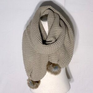 5/$25 Chunky Knit Beige Scarf With Faux Fur Pom Poms